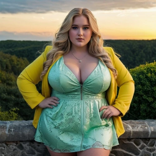 plus-size model,green jacket,green dress,heather green,plus-size,kim,gordita,plus-sized,big,outdoors,margarita,pineapple top,rapunzel,in green,fat,aurora yellow,erica,heidi country,lacerta,bella rosa