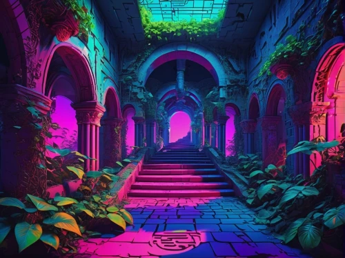 temple fade,80's design,ruin,hall of the fallen,3d fantasy,haunted cathedral,vapor,passage,neon ghosts,aesthetic,cathedral,digital,arches,fractal environment,aisle,monastery,80s,abandoned place,digital art,ruins,Conceptual Art,Sci-Fi,Sci-Fi 28