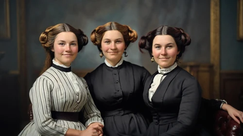 the victorian era,young women,victorian fashion,mulberry family,victorian style,women's novels,conservation-restoration,packard patrician,xix century,the three graces,ladies group,portrait background,antique background,telephone operator,victorian,oil painting on canvas,sisters,color image,business women,jane austen