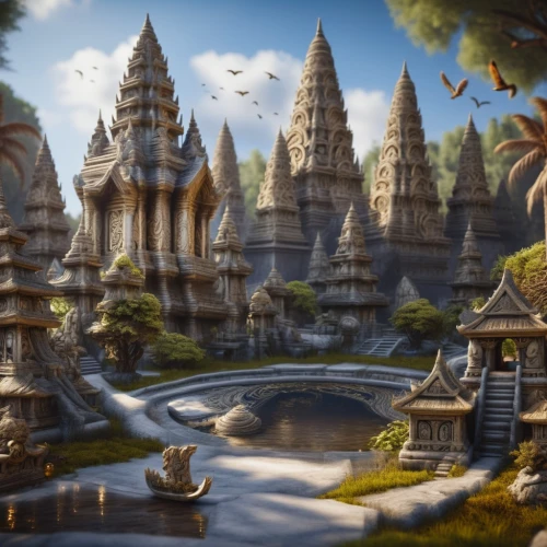 ayutthaya,ancient city,buddhist temple complex thailand,fantasy landscape,bird kingdom,white temple,stone lotus,asian architecture,phra nakhon si ayutthaya,cambodia,angkor,world digital painting,3d fantasy,fantasy world,the ancient world,thai temple,southeast asia,fantasy city,somtum,fantasy art,Photography,General,Fantasy