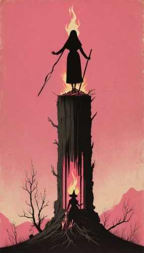 fairy chimney,the witch,cauldron,hanged man,chimney,house silhouette,bonfire,murder of crows,burned land,volcano,game illustration,the volcano,silhouette art,scythe,campfire,don quixote,witch's hat icon,man silhouette,devil's tower,witch's house,Illustration,Japanese style,Japanese Style 08