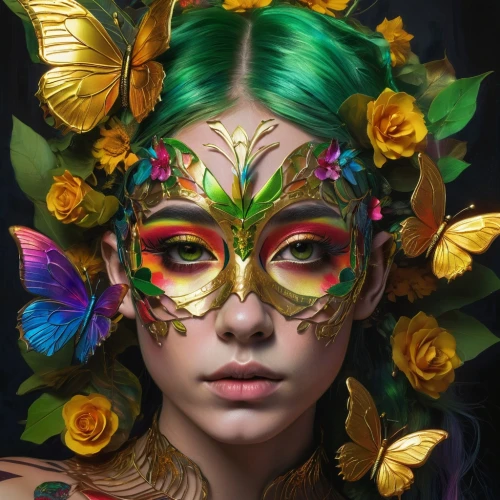 golden passion flower butterfly,masquerade,faery,fantasy portrait,faerie,striped passion flower butterfly,butterfly floral,flower fairy,passionflower,venetian mask,fairy peacock,fantasy art,vanessa (butterfly),poison ivy,photoshoot butterfly portrait,tiger lily,tropical butterfly,passion flower,golden wreath,blue passion flower butterflies,Photography,Artistic Photography,Artistic Photography 08
