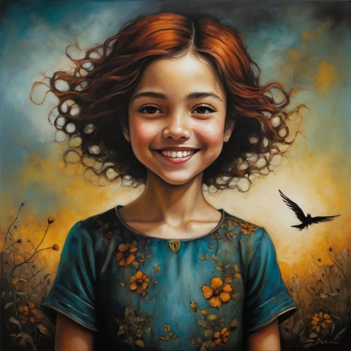 little girl in wind,mystical portrait of a girl,a girl's smile,girl portrait,child portrait,portrait of a girl,oil painting on canvas,little girl fairy,girl in flowers,girl with tree,the little girl,art painting,fantasy portrait,child girl,world digital painting,oil painting,romantic portrait,flying girl,child fairy,little girl,Illustration,Realistic Fantasy,Realistic Fantasy 34