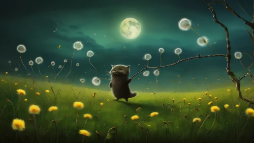 dandelion background,dandelions,flying dandelions,dandelion field,dandelion meadow,dandelion flying,fireflies,dandelion,dandelion seeds,cotton grass,buttercups,the night of kupala,fairy lanterns,little girl with balloons,common dandelion,dandelion flower,children's background,green bubbles,fantasy picture,springtime background,Illustration,Abstract Fantasy,Abstract Fantasy 01