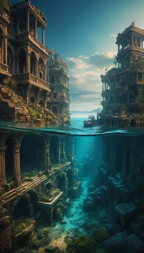 underwater landscape,underwater oasis,ancient city,ocean underwater,gunkanjima,imperial shores,underwater playground,submerged,artificial island,ocean floor,floating islands,hashima,underwater background,sunken ship,floating huts,cube sea,sunken church,artificial islands,waterscape,the endless sea,Photography,General,Fantasy