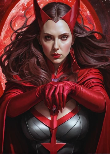 scarlet witch,darth talon,devil,evil woman,red,red super hero,wanda,huntress,fantasy woman,vampire woman,goddess of justice,the enchantress,head woman,avenger,power icon,on a red background,red background,woman power,magneto-optical disk,red chief,Illustration,Realistic Fantasy,Realistic Fantasy 07