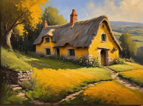home landscape,cottage,country cottage,thatched cottage,cottages,summer cottage,little house,small house,farmhouse,house painting,rural landscape,farm hut,farm house,fisherman's house,lonely house,house in mountains,farm landscape,woman house,old house,traditional house,Conceptual Art,Oil color,Oil Color 22
