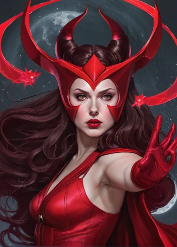 scarlet witch,devil,evil woman,darth talon,vampira,red,taurus,red super hero,fantasy woman,fire devil,the zodiac sign taurus,horned,vampire woman,evil fairy,medusa,the devil,devils,huntress,the enchantress,satan,Illustration,Realistic Fantasy,Realistic Fantasy 07