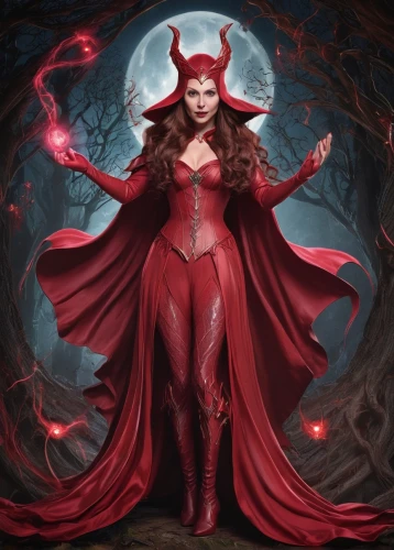 scarlet witch,devil,vampire woman,red riding hood,vampire lady,evil woman,sorceress,evil fairy,darth talon,the enchantress,red,little red riding hood,fantasy woman,celebration of witches,blood moon,huntress,lady in red,red super hero,witches pentagram,vampira,Illustration,Realistic Fantasy,Realistic Fantasy 02