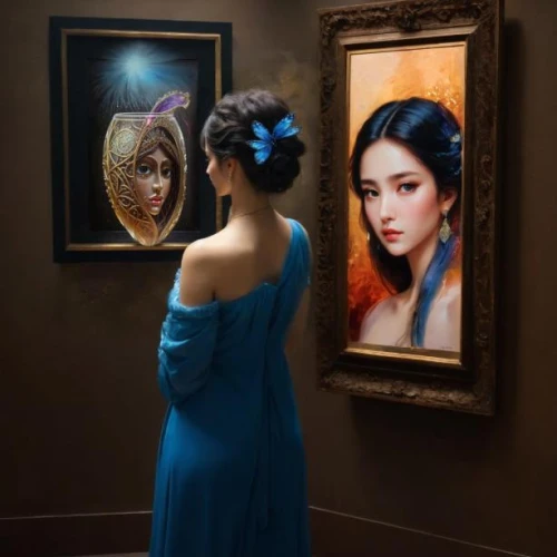 mystical portrait of a girl,art gallery,doll looking in mirror,magic mirror,the mirror,emile vernon,fantasy portrait,jasmine blue,romantic portrait,vintage art,paintings,blue room,photo painting,world digital painting,artist portrait,in the mirror,art painting,girl in a long dress,vietnamese woman,fantasy art