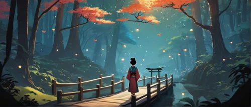 forest path,forest of dreams,forest walk,pathway,autumn forest,forest background,forest,the forest,autumn walk,forest landscape,lanterns,wander,world digital painting,the mystical path,the path,mulan,girl with tree,autumn background,in the forest,fireflies,Illustration,American Style,American Style 09