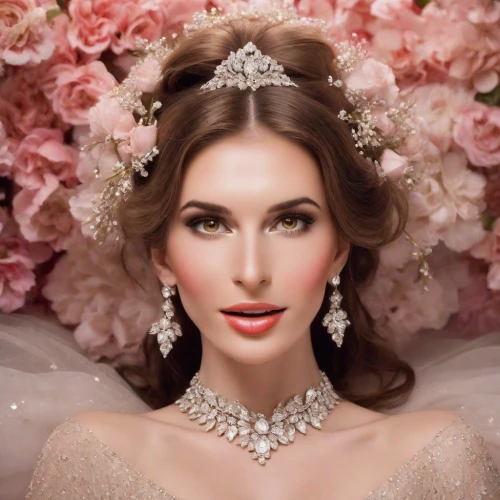 bridal jewelry,bridal accessory,bridal,diadem,bridal clothing,jeweled,love pearls,debutante,diamond jewelry,pearl necklace,fairy queen,bridal dress,princess crown,bride,tiara,gypsophila,vintage makeup,beautiful woman,silver wedding,wedding gown,Photography,Cinematic