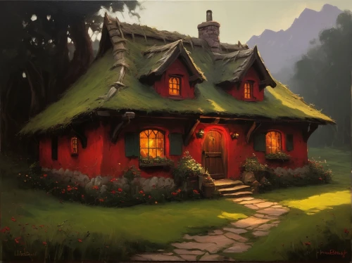 little house,witch's house,house in the forest,lonely house,cottage,small house,witch house,summer cottage,house painting,ancient house,miniature house,country cottage,traditional house,old home,home landscape,fairy house,red roof,wooden house,small cabin,houses clipart,Conceptual Art,Oil color,Oil Color 11