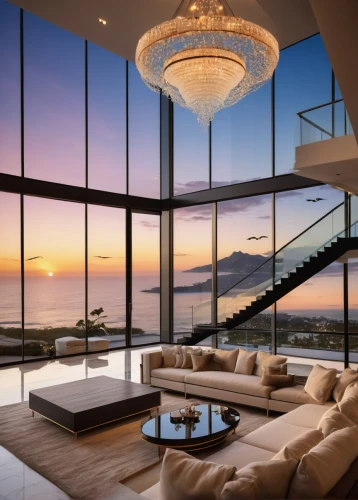 luxury home interior,penthouse apartment,modern living room,glass wall,beautiful home,living room,luxury property,great room,sky apartment,luxury home,livingroom,interior modern design,luxury real estate,modern decor,ocean view,family room,contemporary decor,glass window,modern room,interior design,Illustration,Realistic Fantasy,Realistic Fantasy 18