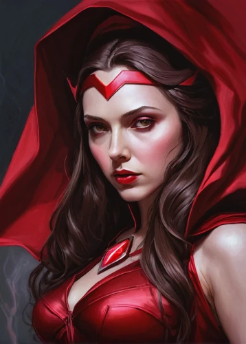 scarlet witch,red cape,red riding hood,little red riding hood,red coat,red super hero,red tunic,lady in red,vampire woman,red,red banner,super heroine,sorceress,red gown,caped,fantasy woman,digital painting,world digital painting,vampire lady,red lantern,Illustration,Realistic Fantasy,Realistic Fantasy 07