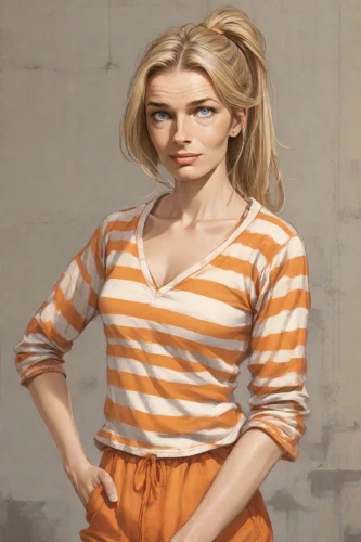 blonde woman,orange,portrait of a girl,young woman,david bates,oil painting,painting technique,girl in a long,girl with cloth,girl in a historic way,girl with cereal bowl,horizontal stripes,girl in t-shirt,blonde girl,portrait background,girl in cloth,blond girl,girl in the kitchen,girl portrait,female model,Digital Art,Comic
