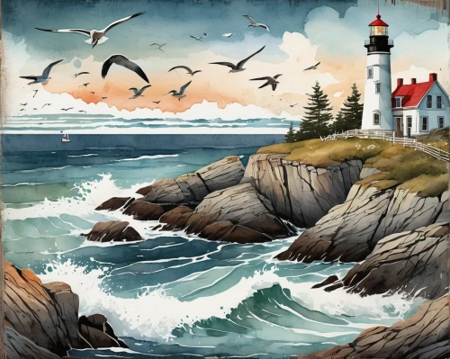 coastal landscape,lighthouse,maine,electric lighthouse,light house,david bates,crisp point lighthouse,nubble,light station,rocky coast,red lighthouse,sea landscape,seascape,beach landscape,point lighthouse torch,petit minou lighthouse,landscape with sea,robert duncanson,church painting,coastline,Art,Classical Oil Painting,Classical Oil Painting 36