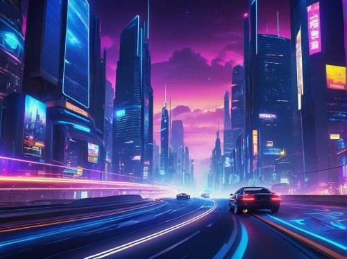 futuristic landscape,city highway,night highway,3d car wallpaper,colorful city,city lights,highway lights,cityscape,ultraviolet,futuristic,fantasy city,cyberpunk,racing road,citylights,evening city,cities,city at night,light trail,drive,neon lights,Illustration,American Style,American Style 05