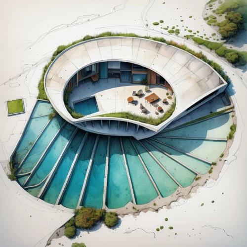 artificial island,school design,artificial islands,floating islands,floating island,3d rendering,architect plan,eco-construction,futuristic architecture,solar cell base,eco hotel,aqua studio,aquaculture,swim ring,sewage treatment plant,archidaily,infinity swimming pool,roof top pool,wastewater treatment,landscape design sydney,Illustration,Paper based,Paper Based 13