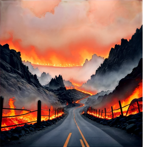 fire in the mountains,mountain road,lava,fire mountain,wildfire,lake of fire,wildfires,mountain highway,burned land,volcanic,forest fire,volcanic landscape,fire land,lava river,scorched earth,forest fires,magma,bushfire,volcanos,volcano,Conceptual Art,Oil color,Oil Color 12