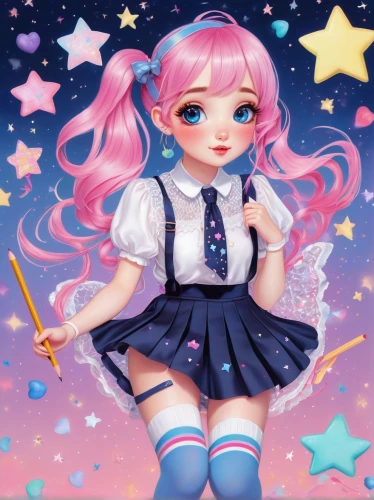 anime girl,fairy galaxy,painter doll,sailor,kawaii girl,rainbow pencil background,luka,chibi girl,artist doll,colorful stars,starry,unicorn background,starry sky,kawaii,pink scrapbook,delta sailor,cupcake background,zodiac sign libra,naginatajutsu,nyan,Illustration,Realistic Fantasy,Realistic Fantasy 07