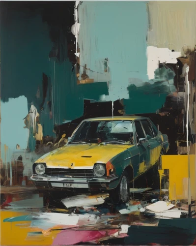 yellow car,lotus cortina,yellow taxi,ford pinto,saab 99,ford cortina,datsun 510,mgb,station wagon-station wagon,austin 1800,ford taunus,austin cambridge,chevrolet opala,corolla,allegro,fiat 130,volvo 140 series,volvo 164,painting technique,seat 133,Conceptual Art,Oil color,Oil Color 01