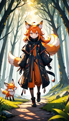 child fox,garden-fox tail,summoner,little fox,game illustration,forest king lion,autumn theme,adventurer,fox,kitsune,forest walk,druid,forest background,druid grove,the wanderer,fae,ephedra,a fox,nine-tailed,forest animal,Anime,Anime,General