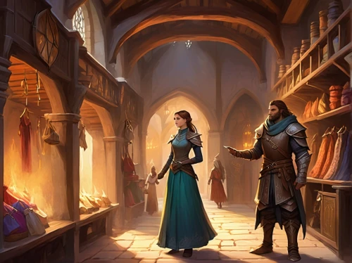 fantasy picture,merchant,medieval street,heroic fantasy,hall of the fallen,castle iron market,candlemaker,medieval market,medieval,fantasy art,apothecary,games of light,sci fiction illustration,game illustration,fantasy portrait,the threshold of the house,binding contract,stalls,shopkeeper,massively multiplayer online role-playing game,Illustration,Realistic Fantasy,Realistic Fantasy 01