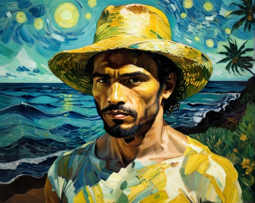 vincent van gough,man at the sea,el mar,kalua,version john the fisherman,el salvador dali,self-portrait,yellow sun hat,oil on canvas,artist portrait,painting technique,costa,aloha,panamanian balboa,sea man,poseidon,sea god,digital painting,oil painting,blue hawaii,Conceptual Art,Oil color,Oil Color 08