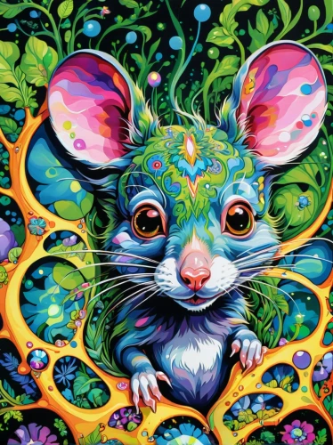 color rat,dormouse,year of the rat,whimsical animals,pachamama,white footed mouse,bush rat,mice,mouse,field mouse,anthropomorphized animals,aye-aye,psychedelic art,white footed mice,musical rodent,opossum,mammal,flower animal,mouse lemur,rat,Illustration,Paper based,Paper Based 09