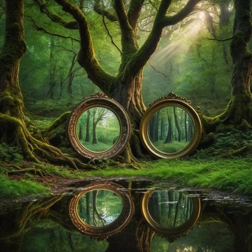 wooden rings,crooked forest,mirror of souls,parallel worlds,hobbiton,enchanted forest,circle around tree,fairy forest,elven forest,fairytale forest,pond lenses,wood mirror,knothole,druids,reflection in water,lens reflection,portals,mirror reflection,mirror in the meadow,forest floor,Photography,General,Fantasy