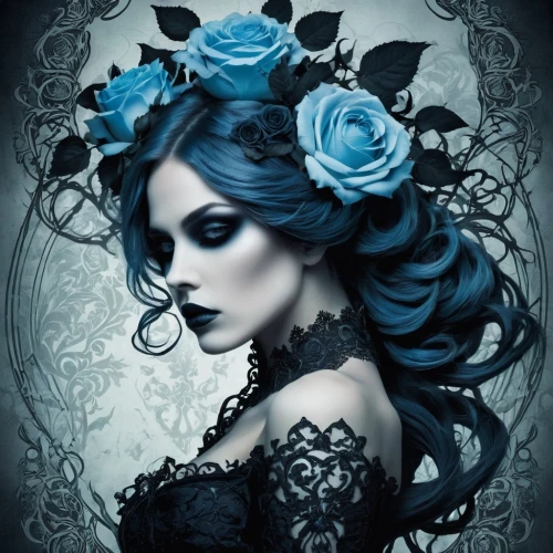 blue rose,black rose,gothic woman,gothic fashion,blue moon rose,gothic portrait,gothic style,blue enchantress,porcelain rose,victorian lady,widow flower,gothic,blue hydrangea,dark gothic mood,black rose hip,white rose snow queen,gothic dress,goth woman,blue rose near rail,the enchantress,Illustration,Realistic Fantasy,Realistic Fantasy 46