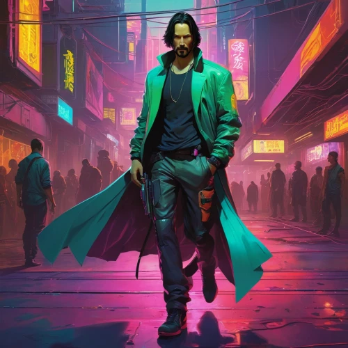 cyberpunk,sci fiction illustration,cg artwork,renegade,transistor,the wanderer,lando,star-lord peter jason quill,pedestrian,matrix,the collector,walking man,a pedestrian,male character,world digital painting,mystery book cover,game art,concept art,dahl,long coat,Conceptual Art,Fantasy,Fantasy 18