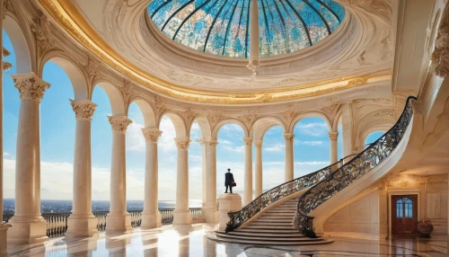 marble palace,staircase,outside staircase,immenhausen,circular staircase,rotunda,the observation deck,art nouveau,winding staircase,belvedere,entrance hall,neoclassical,spiral staircase,versailles,classical architecture,musical dome,ornate room,pillars,observatory,observation deck,Illustration,Retro,Retro 08