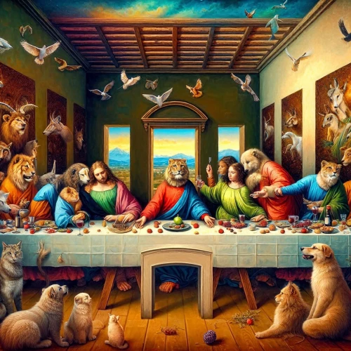 last supper,holy supper,noah's ark,christ feast,dinner party,cat's cafe,family dinner,christmas animals,dog cafe,feast,sistine chapel,christmas dinner,dining,breakfast table,jigsaw puzzle,the animals,animals,church painting,animal shelter,passover