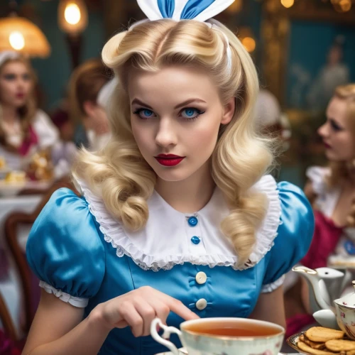 alice in wonderland,waitress,alice,teacups,tea party,tea time,british tea,teacup,retro diner,tea,queen of puddings,peppermint tea,woman drinking coffee,a cup of tea,high tea,retro pin up girls,cigarette girl,tea drinking,retro woman,tea cups,Photography,General,Realistic
