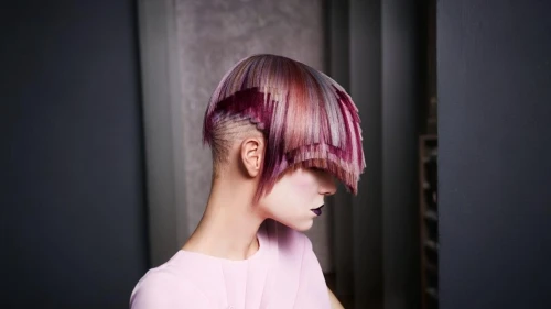 asymmetric cut,hime cut,light purple,pink hair,veil purple,dark pink in colour,hair coloring,pink-purple,dusky pink,dark pink,trend color,wing purple,natural pink,back of head,violet head elf,pixie-bob,purple and pink,mauve,fringed pink,deep pink