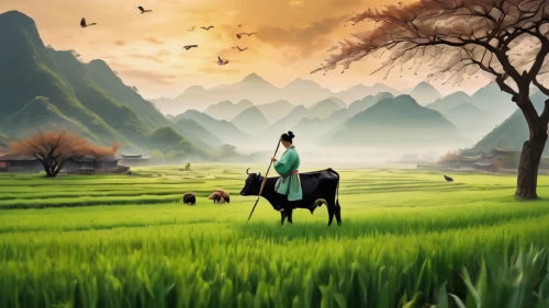 landscape background,rice fields,ricefield,green landscape,paddy field,world digital painting,goatherd,farm background,the rice field,rural landscape,green fields,rice paddies,rice field,fantasy picture,horse herder,pasture,farm landscape,grassland,green meadow,grasslands,Photography,General,Commercial