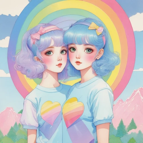 soft pastel,unicorn and rainbow,two girls,rainbow clouds,rainbow pencil background,pastel colors,pastels,twin flowers,cotton candy,rainbow colors,rainbow background,rainbow color palette,gemini,fairies,rainbow butterflies,colorful heart,prismatic,pastel,rainbow,sisters,Illustration,Retro,Retro 07