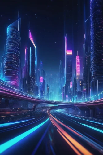 futuristic landscape,tokyo city,city highway,cyberspace,city lights,cyberpunk,cityscape,shinjuku,fantasy city,citylights,neon lights,city trans,cities,night highway,metropolis,colorful city,neon arrows,light track,black city,highway lights,Illustration,Japanese style,Japanese Style 10