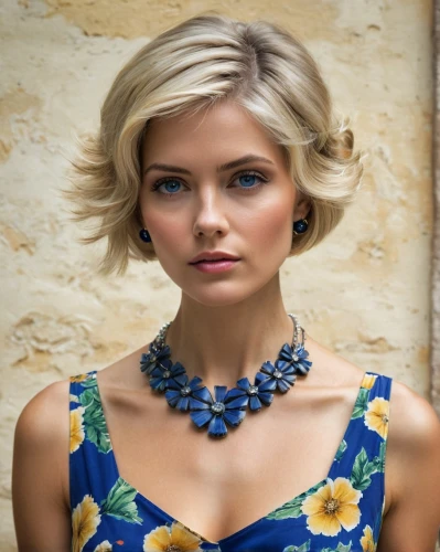 pixie-bob,short blond hair,pixie cut,wallis day,vintage floral,necklace,asymmetric cut,turquoise wool,blue peacock,collar,ukrainian,updo,peacock,liberty cotton,elsa,beautiful young woman,blonde woman,natural color,mazarine blue,blue daisies,Conceptual Art,Fantasy,Fantasy 15