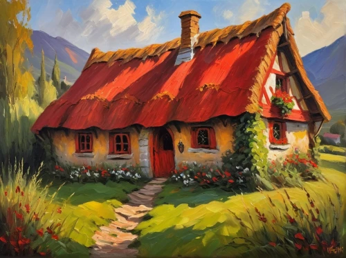 cottage,summer cottage,home landscape,country cottage,little house,house in mountains,traditional house,small house,danish house,cottages,house painting,house in the mountains,fisherman's house,farmhouse,woman house,farm house,swiss house,thatched cottage,lonely house,farm hut,Conceptual Art,Oil color,Oil Color 22