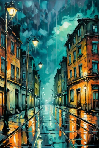 blue rain,rainy,rainstorm,light rain,rain,rains,golden rain,monsoon,oil painting on canvas,walking in the rain,raining,rainy day,umbrellas,heavy rain,rainy season,rainy weather,street lamps,raindops,after rain,street lights,Illustration,Realistic Fantasy,Realistic Fantasy 23