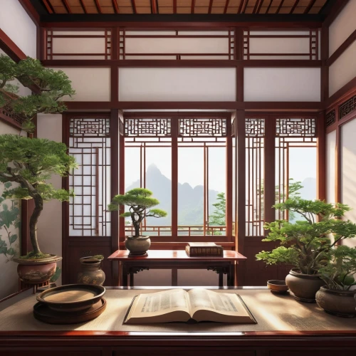 japanese-style room,bamboo plants,asian architecture,junshan yinzhen,chinese architecture,wooden windows,ryokan,feng shui,yunnan,tea zen,tea ceremony,bamboo curtain,zen garden,chinese screen,the golden pavilion,oriental painting,roof landscape,hall of supreme harmony,wooden roof,golden pavilion