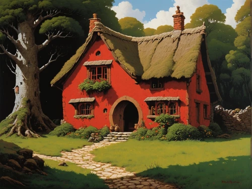 thatched cottage,witch's house,cottage,country cottage,little house,home landscape,crooked house,house in the forest,summer cottage,studio ghibli,farmhouse,cottages,small house,hobbiton,ancient house,lonely house,farm house,red roof,country house,traditional house,Conceptual Art,Sci-Fi,Sci-Fi 17