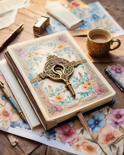 bookmark with flowers,scrapbook flowers,tea and books,scrapbooking,book antique,writing-book,background scrapbook,recipe book,journal,magic book,writing accessories,prayer book,parchment,boho art,vintage notebook,book pages,floral pattern paper,watercolor tea set,damask paper,antique background,Illustration,Realistic Fantasy,Realistic Fantasy 43