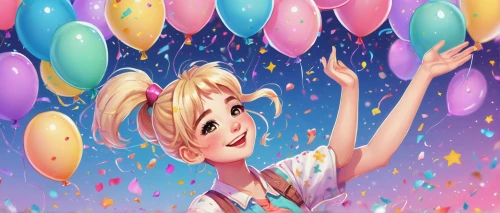 little girl with balloons,birthday banner background,pink balloons,star balloons,balloons,colorful balloons,birthday balloons,happy birthday banner,happy birthday balloons,party banner,confetti,balloons flying,birthday balloon,balloon,baloons,birthday background,june celebration,corner balloons,blue balloons,ballon,Illustration,Realistic Fantasy,Realistic Fantasy 23