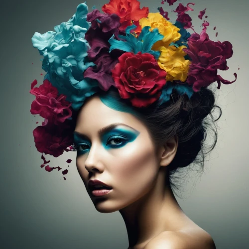 headdress,artificial flowers,artificial hair integrations,women's cosmetics,fabric flowers,flower art,girl in a wreath,cosmetics,feather headdress,fabric flower,colorfulness,blooming wreath,colorful roses,wreath of flowers,beautiful bonnet,artist color,flower hat,exotic flower,beautiful girl with flowers,flower arranging,Photography,Artistic Photography,Artistic Photography 05