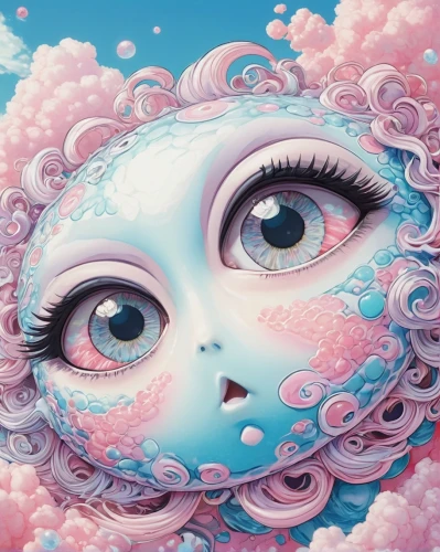 sky rose,cosmic eye,psychedelic art,surrealistic,cotton candy,polyp,eyeball,eye ball,fractals art,3d fantasy,bubble mist,fantasy art,aqueous,surrealism,dreamland,medusa,clouds - sky,soft pastel,pink octopus,eyedropper,Illustration,Retro,Retro 24
