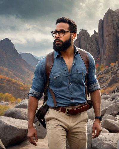 brawny,miguel of coco,mountaineer,lumberjack,lumberjack pattern,manly,desert background,leather hiking boots,macho,park ranger,rugged,indian celebrity,male character,mass,chitranna,geologist,pubg mascot,nature and man,sweater vest,caveman,Illustration,Realistic Fantasy,Realistic Fantasy 21